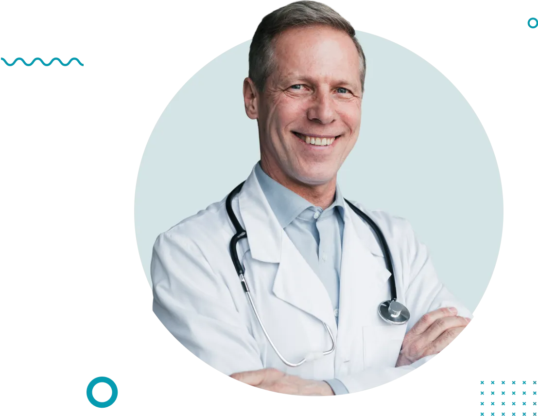 دکتری با موهای خاکستری، عینک زده و کت سفید آزمایشگاهی به همراه کراوات بسته است، دست‌هایش را روی هم گذاشته و حالتی حرفه‌ای و اعتماد به نفس را منتشر می‌کند. | A doctor with gray hair, wearing glasses and a white lab coat with a tie, has his hands folded and exudes a professional and confident demeanor.